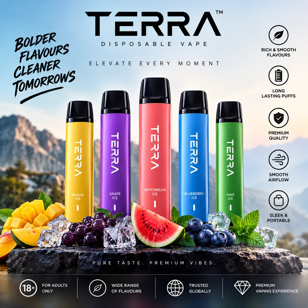 TERRA disposable vape collection at Vape Shop Goa — poster reading “Bolder Flavours, Cleaner Tomorrows” showing Terra disposable vape devices in fruit-flavour colourways arranged side by side.