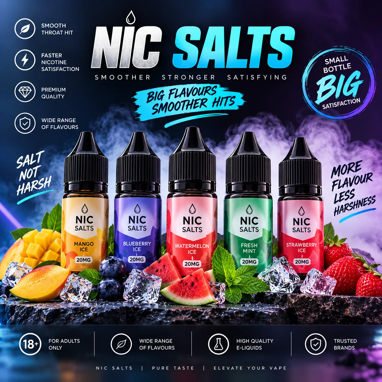 Nic Salts collection at Vape Shop Goa — poster reading “Smoother, Stronger, Satisfying” showing Nasty nicotine-salt e-liquid bottles and disposable devices in assorted fruit flavours.