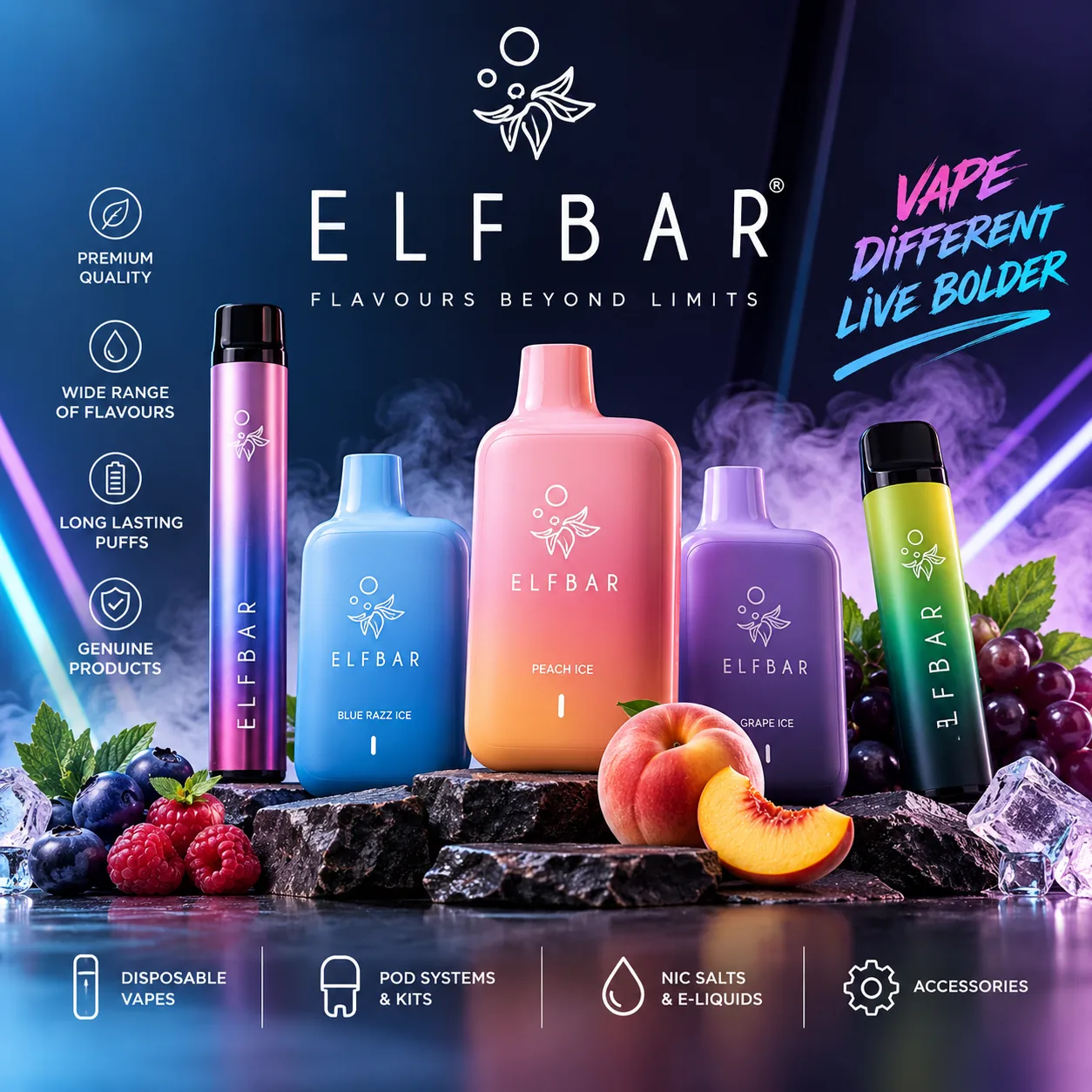 ELF BAR collection at Vape Shop Goa — poster reading “Flavours Beyond Limits” with a line-up of colourful Elf Bar disposable vape devices.