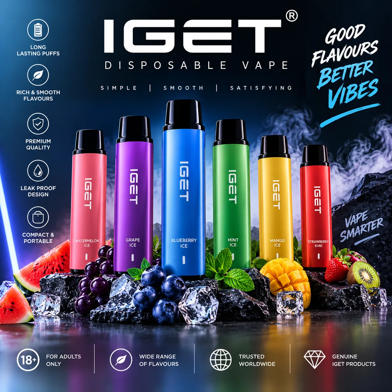 IGET disposable vape collection at Vape Shop Goa — poster reading “Good Flavours, Better Vibes” with a row of IGET disposable vape devices in bright colours.